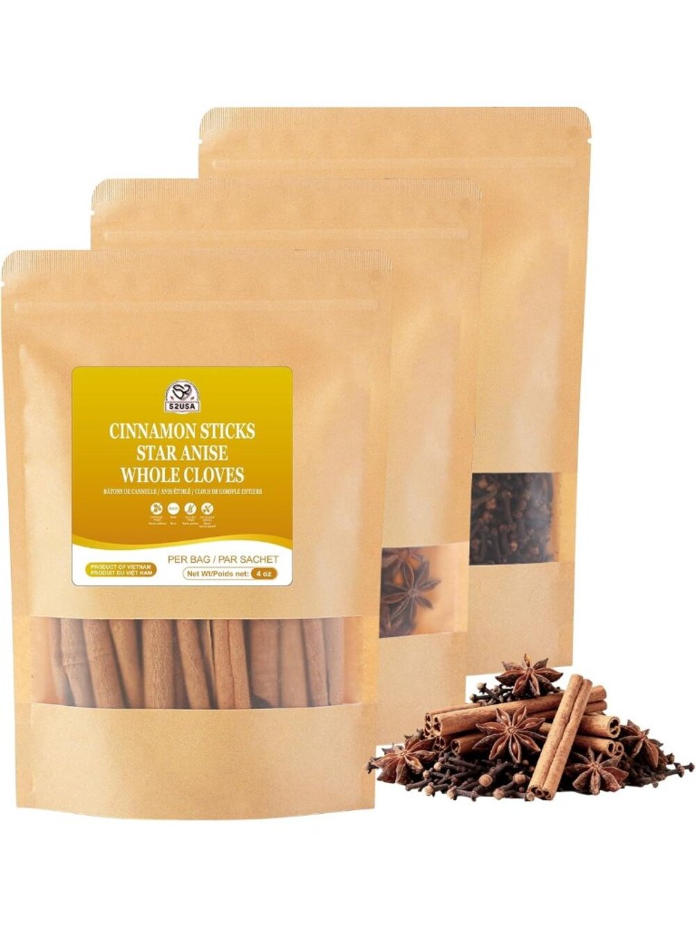 Natural Spice Set: 4oz Cinnamon Sticks, Whole Cloves & Star Anise - Aromatic